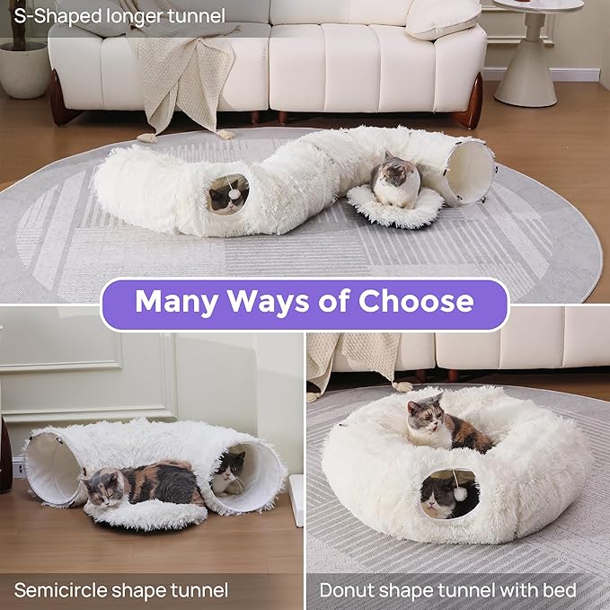 Plush Cat Tunnel Bed for Indoor Cats with Soft Cushion, Multi-Shape Play Cave with Hanging Balls, Large and Foldable Cat Donut Tunnel for Small and Large Pets (White)