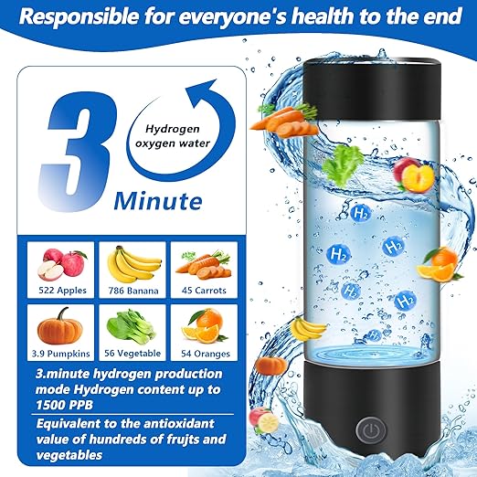 Hydrogen Water Bottle Generator, AquaHealth Hydrogen Water Bottles, 450ml Portable Rechargeable Hydrogen Water Ionizer Hydrogen-Rich Water Bottle Glass for Home, Travel, Office w/Hydrogen Suction Tube