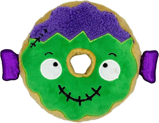 Huxley & Kent Halloween Funny Dog Toy w/Squeaker – Power Plush Squeaky Dog Toys for Small, Medium & Large Dogs – Soft Stuffed Animal for Indoor Play & Fetch - Frankenstein Donut, One Size
