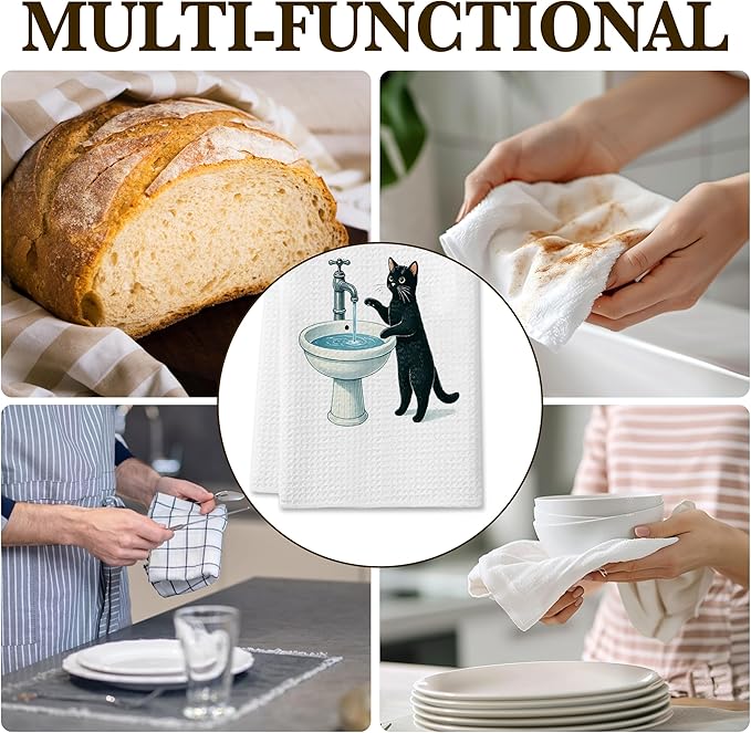 DETIHO Black Cat Hand Towel, Cat Dish Towels Decorative Set 16x24 Inches Set of 4, Towels for Kitchen, Bathroom