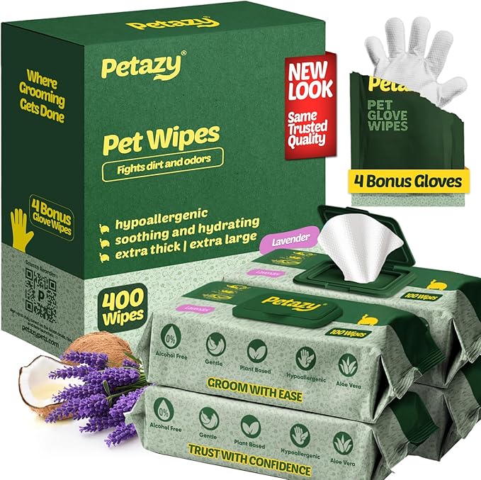 400 Dog Wipes for Paws and Butt Ears Eyes | Organic Pet Wipes for Dogs | Lavender Scented Dog Wipes Cleaning Deodorizing | Extra Thick Paw Wipes for Dogs Cats Pets | Bonus Glove Wipes Included