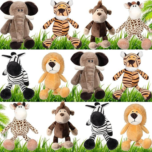 HyDren 12 Pieces Safari Stuffed Animals 11.8 Inch Jungle Animal Toys Set Boys Girls Plush Forest Animals Lion Elephant Zebra Giraffe Tiger Monkey for Zoo Animal Party Teacher Student Award