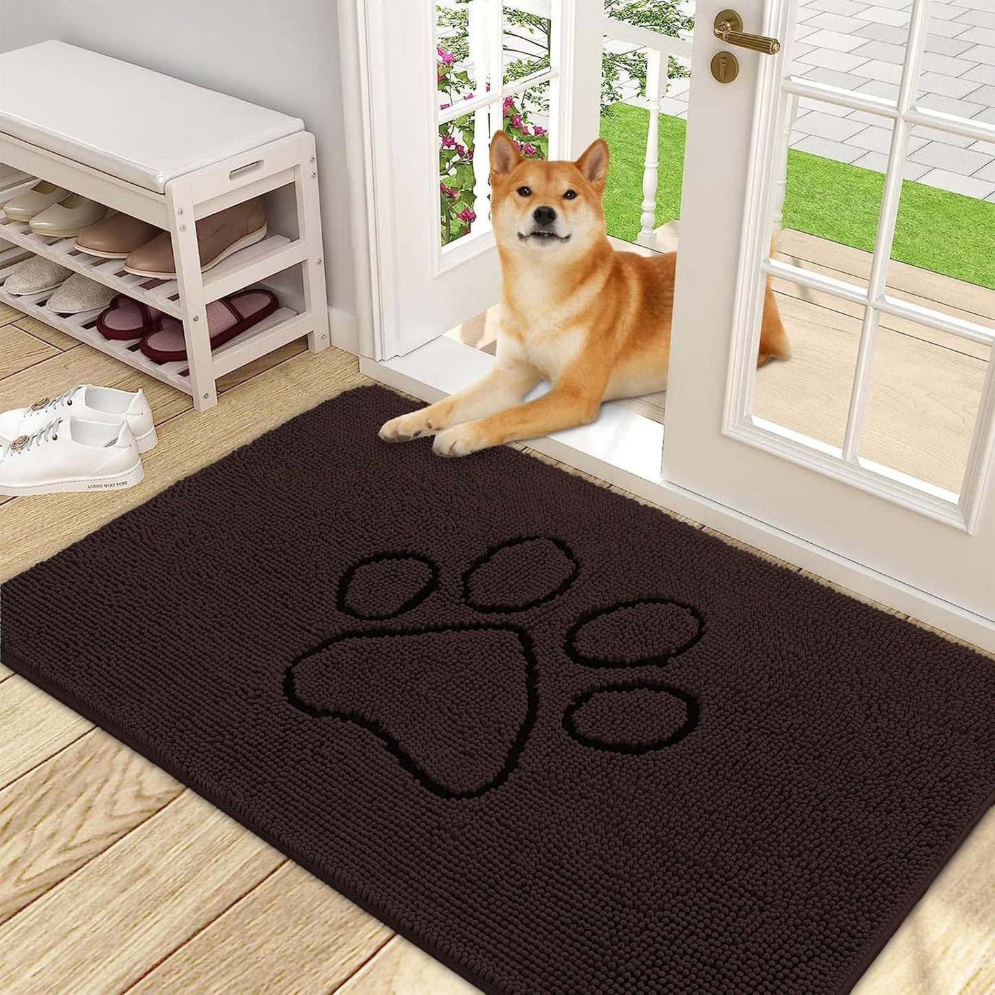 OLANLY Door Mat for Muddy Dog Paws 48x30, Absorbent Chenille Mud Doormat with Paw Print Design, Non-Slip Washable Doormat for Indoor Entryway, Quick-Dry Pet Bed Mats for Dirty Dogs, Brown and Black