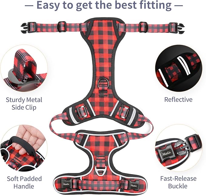 HEELE Dog Harness, No Pull Adjustable Padded Reflective Harness for Small Medium Large Dogs with Handle for Walking Training, Checkered-Red, M