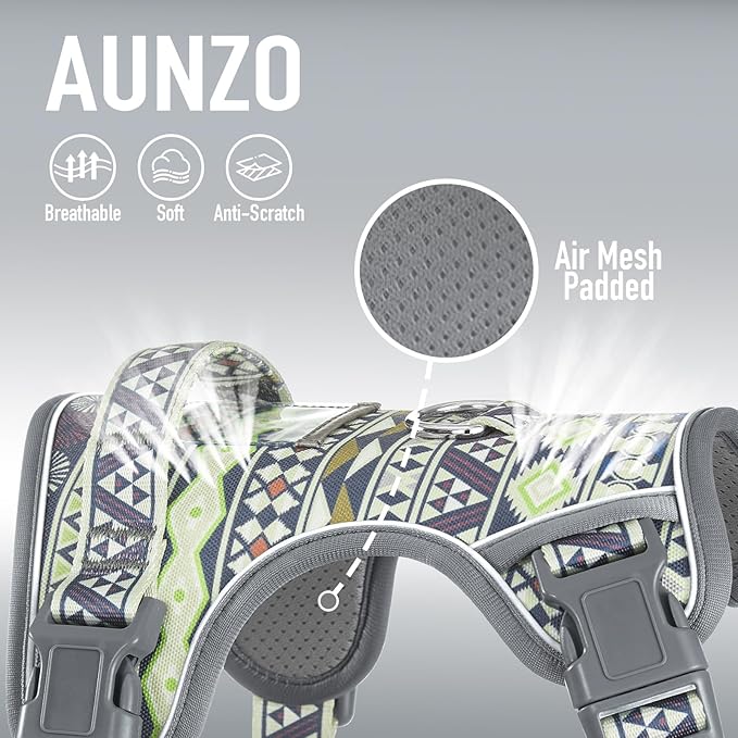 Small Dog No Pull Dog Harness, Pet Harness with ID Card Reflective Strip Soft Padded Handle, Adjustable Vest Harness for Walking Hiking Training, Geometric Pattern, Beagle, Gray Ethnic, S