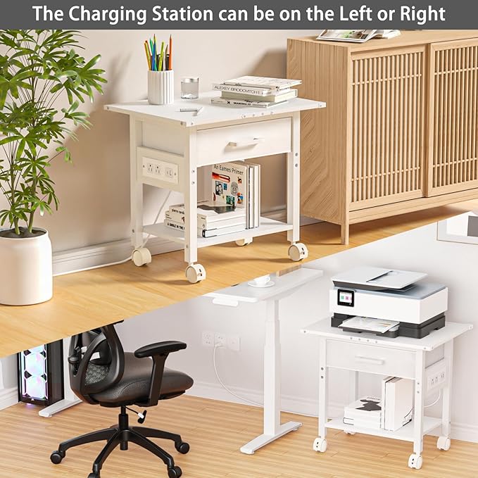 Lerliuo Under Desk Rolling Printer Stand with Charging Station and USB Ports, 2-Tier Printer Table Desk with Fabric Drawer, Printer Cart Holder with Lockable Wheels for Home, Office (White)