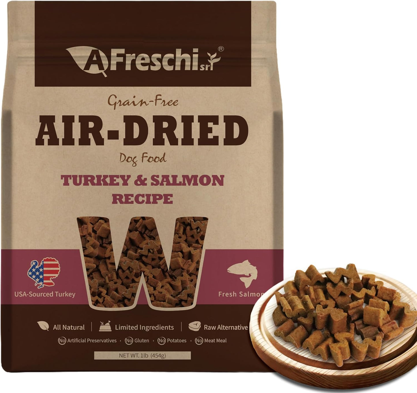 AFreschi Air-Dried Dog Food Turkey & Salmon Recipe 1 lb, All-Natural, Complete & Balanced, Grain-Free, High-Protein, Limited Ingredients