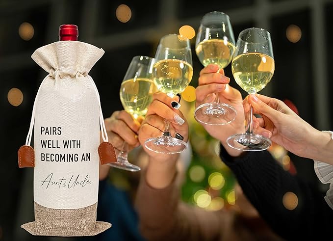 Pairs Well With Becoming Aunt & Uncle Wine Bag, Wine Champagne Bottle Gift Bag, Cotton Linen Wine Gift Bag With Drawstring, Gift for Pregnancy Announcement, New Aunt Uncle for Baby Announcement-15