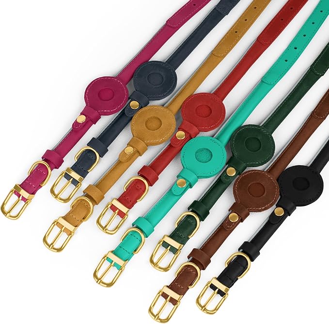 OOPSDOGGY Rolled Leather Dog Collar with Airtag Holder - Reflective Round Airtag Dog Collar - Soft Tracking Pet Collar for Small Dogs Puppy Cats Kitten (Green, S, 10"-13")