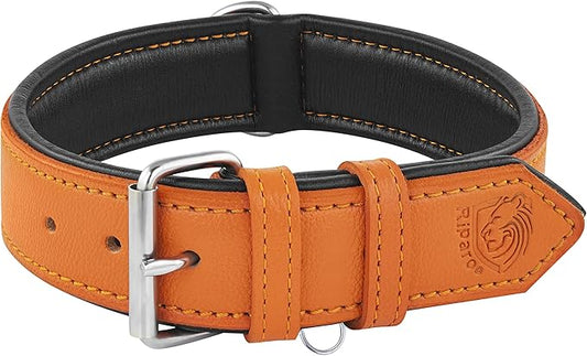 Riparo Orange Leather Dog Collar - Heavy Duty Wide Dog Collar for Small, Medium, Large and Extra Large Dogs with Dog Tag Holder (M: 1" Wide for 13.5”-17.5” Neck, Orange)