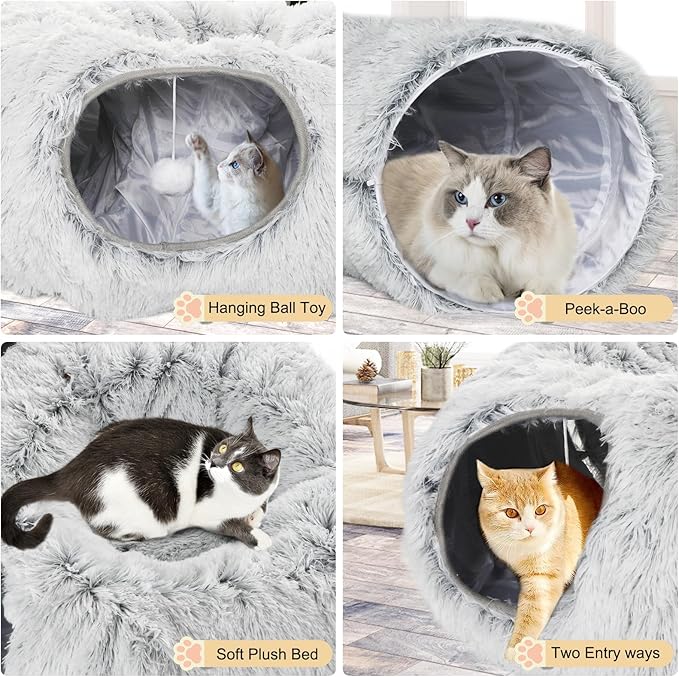 Plush Cat Tunnel Bed for Indoor Cats, Collapsible Cat Donut Tunnel with Central Mat, Fluffy Cats Cave Tube with Hanging Ball for Kitten Rabbit Puppy Ferret
