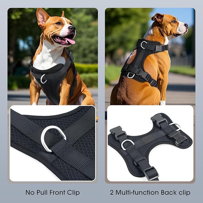 Wisedog Mesh Breathable Dog Harness: No Pull Harness with 3 Fast-Release Buckles Adjustable for Walking & Training for Small Medium Large Dogs (Black, S: Neck=14"-19"/Chest=13"-24")