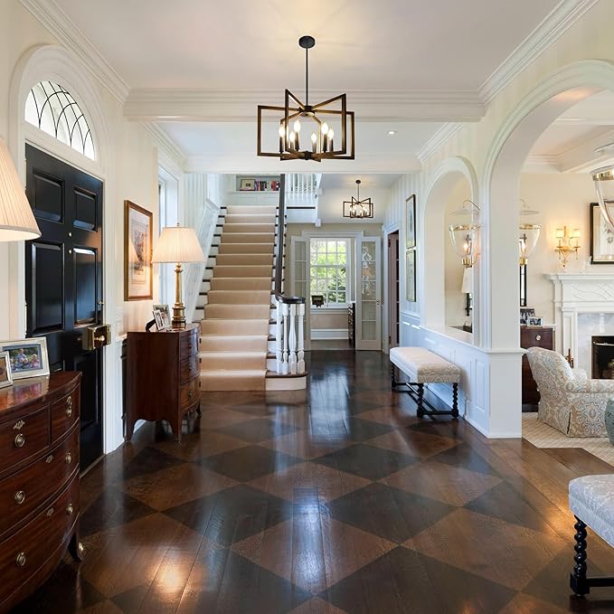 6-Light Modern Farmhouse Pendant Lights for Kitchen Island, Vintage Geometric Dining Room Lighting Hanging, Industrial Chandelier for Hallway Foyer, Retro Wood Texture and Black Finish