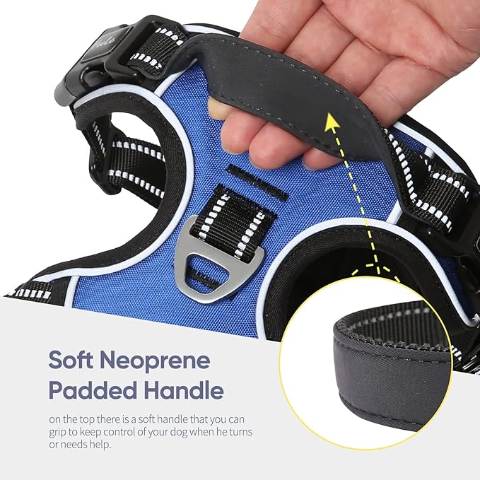HEELE Dog Harness, No Pull Adjustable Padded Reflective Harness for Small Medium Large Dogs with Handle for Walking Training, Blue, L