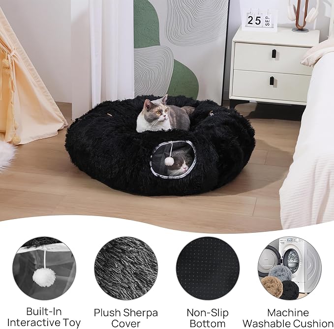Plush Cat Tunnel Bed for Indoor Cats with Soft Cushion, Multi-Shape Play Cave with Hanging Balls, Large and Foldable Cat Donut Tunnel for Small and Large Pets (Black)