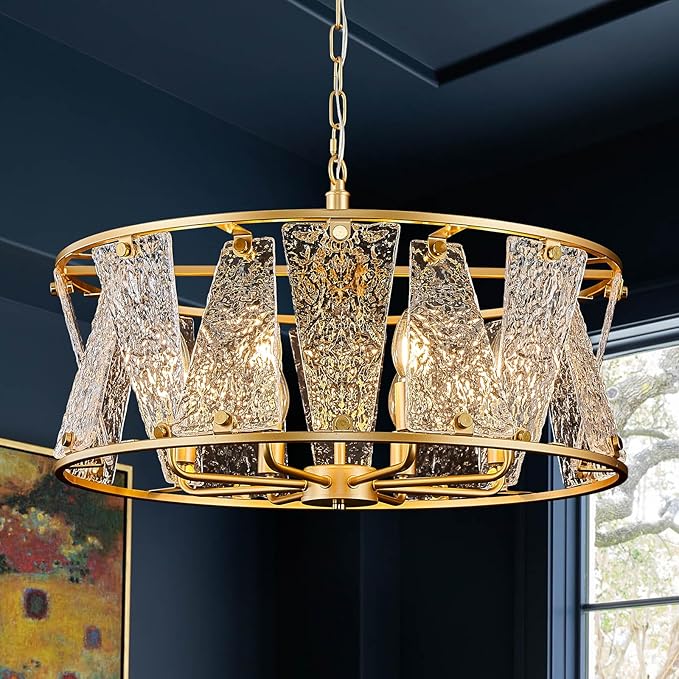 Modern Glass Chandelier 24in Gold Drum Chandelier Light Fixture 8-Light Hammered Crystal Glass Ceiling Chandelier Lighting for Living Room Dining Room Bedroom High Ceiling Entry Foyer