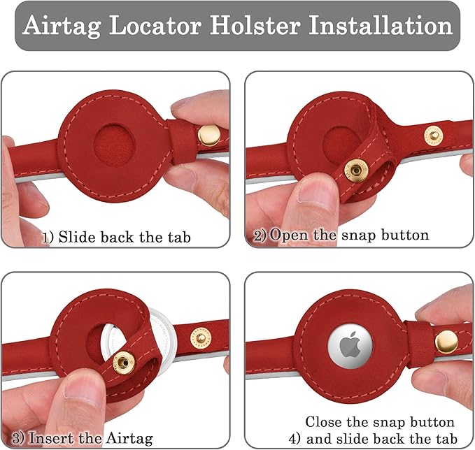 OOPSDOGGY Rolled Leather Dog Collar with Airtag Holder - Reflective Round Airtag Dog Collar - Soft Tracking Pet Collar for Small Dogs Puppy Cats Kitten (Red, XXL, 20"-24")