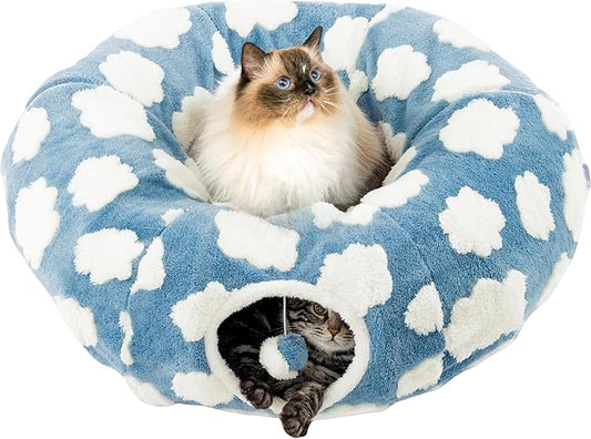 Cat Tunnel Bed – Cozy Donut Cat Cave Tunnel for Indoor Cats, Collapsible Peekaboo Play Tunnel Toy for Kittens, Rabbits & Small Pets, Standard Blue