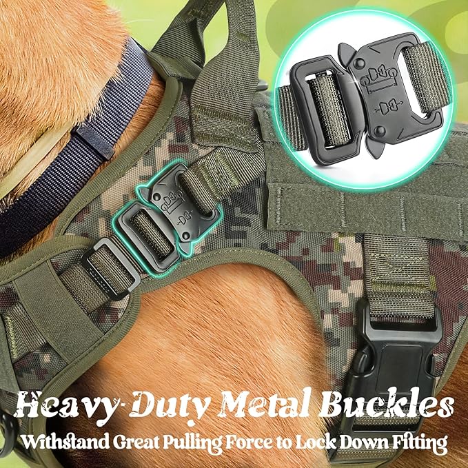 rabbitgoo Tactical Dog Harness Medium Sized, Heavy Duty Pet Harness with Handle, No-Pull Service Vest Medium Breed, Adjustable Military Dog Vest for Training Hunting Walking, Green Camo, M