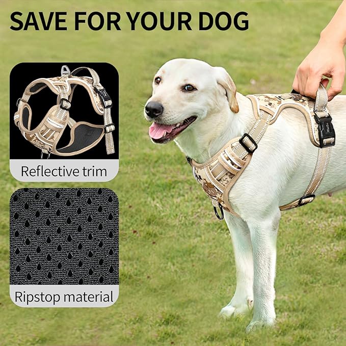 HEELE Dog Harness, No Pull Adjustable Padded Reflective Harness for Small Medium Large Dogs with Handle for Walking Training, Camo Tan, XL