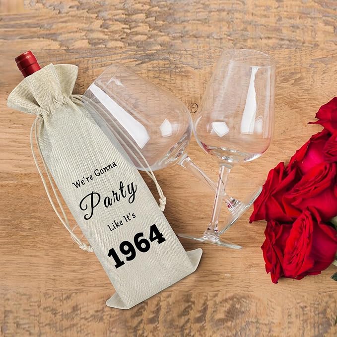 60th Birthday Gift for Women Men Wine Bag 60th Birthday Present Idea for Mom Dad 60 Year Old Turning 60 Gift for Wife Grandma Friend Wine Gift Bag Drawstring Burlap Wine Wrap Bag Birthday Party Decors