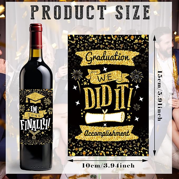 8 Pieces 2024 Graduation Wine Bottle Labels Class of 2024 Wine Bottle Stickers Black Golden Congrats Grad Wine Bottle Cover Decorations for College University Graduation Party Supplies