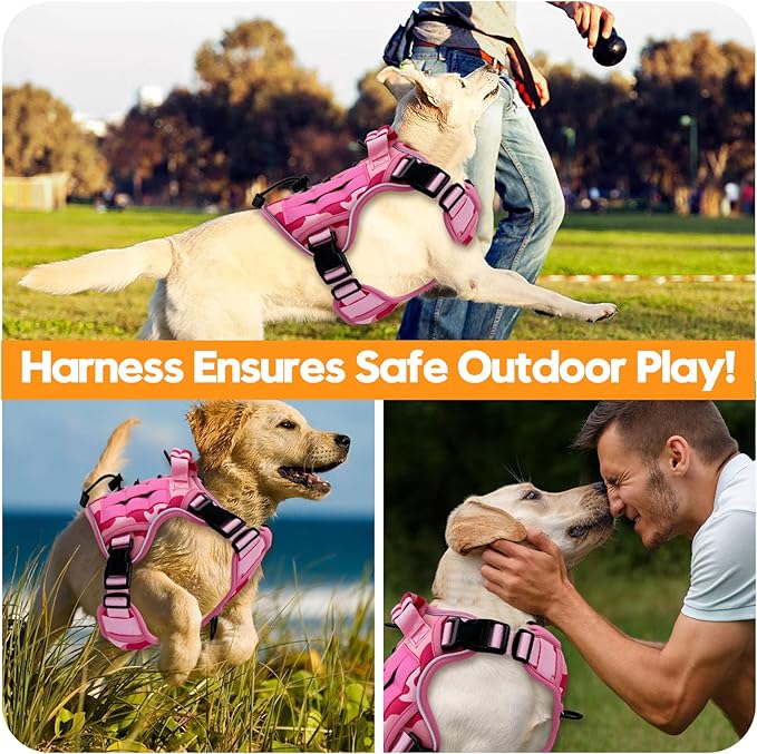 Heavy-Duty Tactical Dog Harness for Large Dogs, No Pull Adjustable Reflective Pet Vest with Molle System, K9 Military-Grade Control for Service Training, Outdoor & 10+ Breeds, Pink Camo, Small