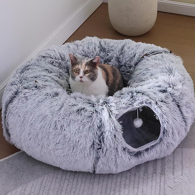 Plush Cat Tunnel Bed for Indoor Cats with Soft Cushion, Multi-Shape Play Cave with Hanging Balls, Large and Foldable Cat Donut Tunnel for Small and Large Pets (Grey)