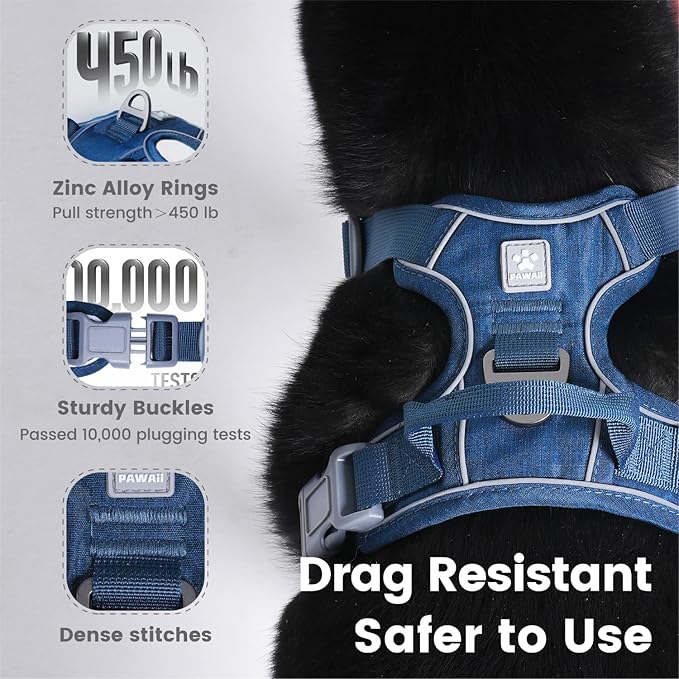 Pawaii No Pull Dog Harness with Pet ID Tag,Reflective Strips No Choke Front O Ring Breathable Mesh Adjustable Soft Padded Pet Vest with Easy Control Handle for Large Dogs