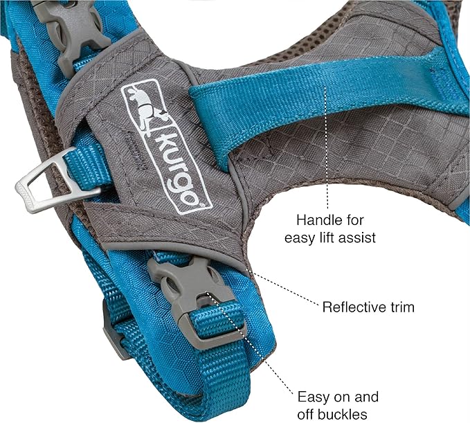 Kurgo Journey Air Dog Harness - Secure Fit for Active Dogs - Padded Chest - Lightweight Ripstop Fabric - Breathable Mesh - Reflective Trim - Back Assist Handle - Blue - Large