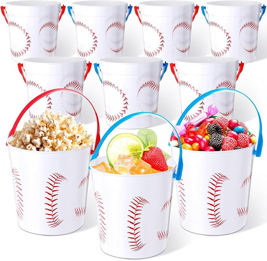 Mifoci Baseball Small Plastic Bucket with Handles 34 oz Versatile Baseball Treat Bucket Baseball Ice Bucket Bulk for Wine Beverage Baseball Party Bar Alcohol Beer Snack Drink Pail Gifts(10 Pcs)