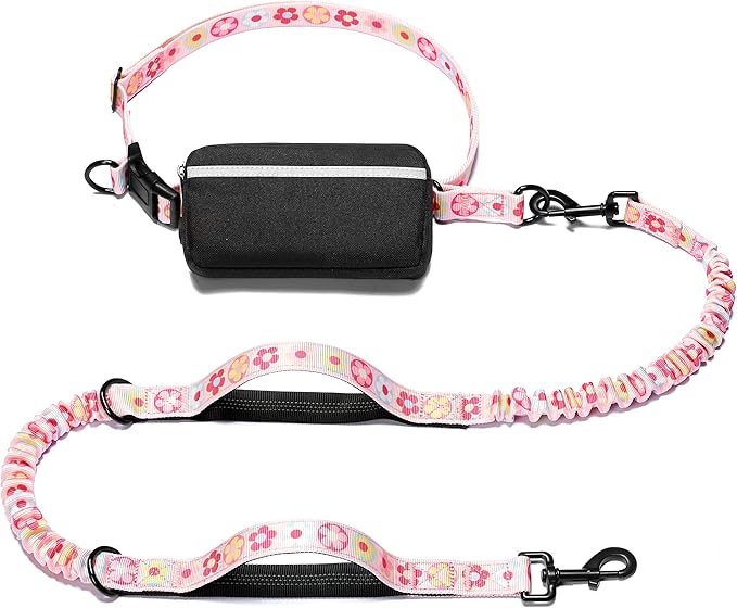 iYoShop Hands Free Dog Leash with Zipper Pouch, Dual Padded Handles and Durable Bungee for Walking, Jogging and Running Your Dog (Colorful Small Flower, Large)