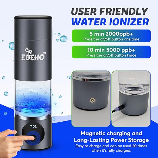 Hydrogen Water Bottle Generator: 5000+PPB Hydrogen Water, SPE PEM Technology, Portable Water Ionizer, Food-Grade & Shock-Proof Cup, Long-Lasting Battery, Leakproof - Easy to Use & Carry