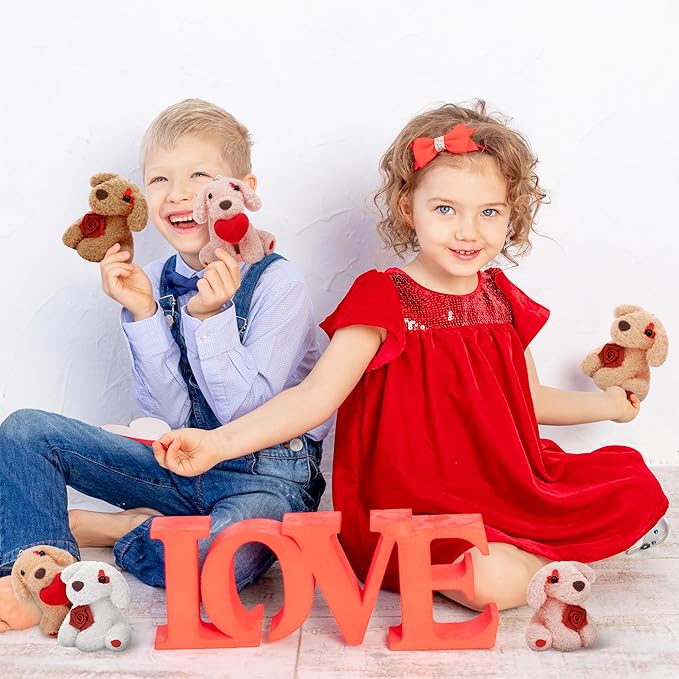 Elcoho 16 Pieces 4 Inches Mini Valentine's Day Plush Dogs Stuffed Puppy Dog with Keychain Cute Stuffed Animal Toy Soft Toys Valentine Party Favor for Goodie Bag Valentine Gifts, 8 Styles
