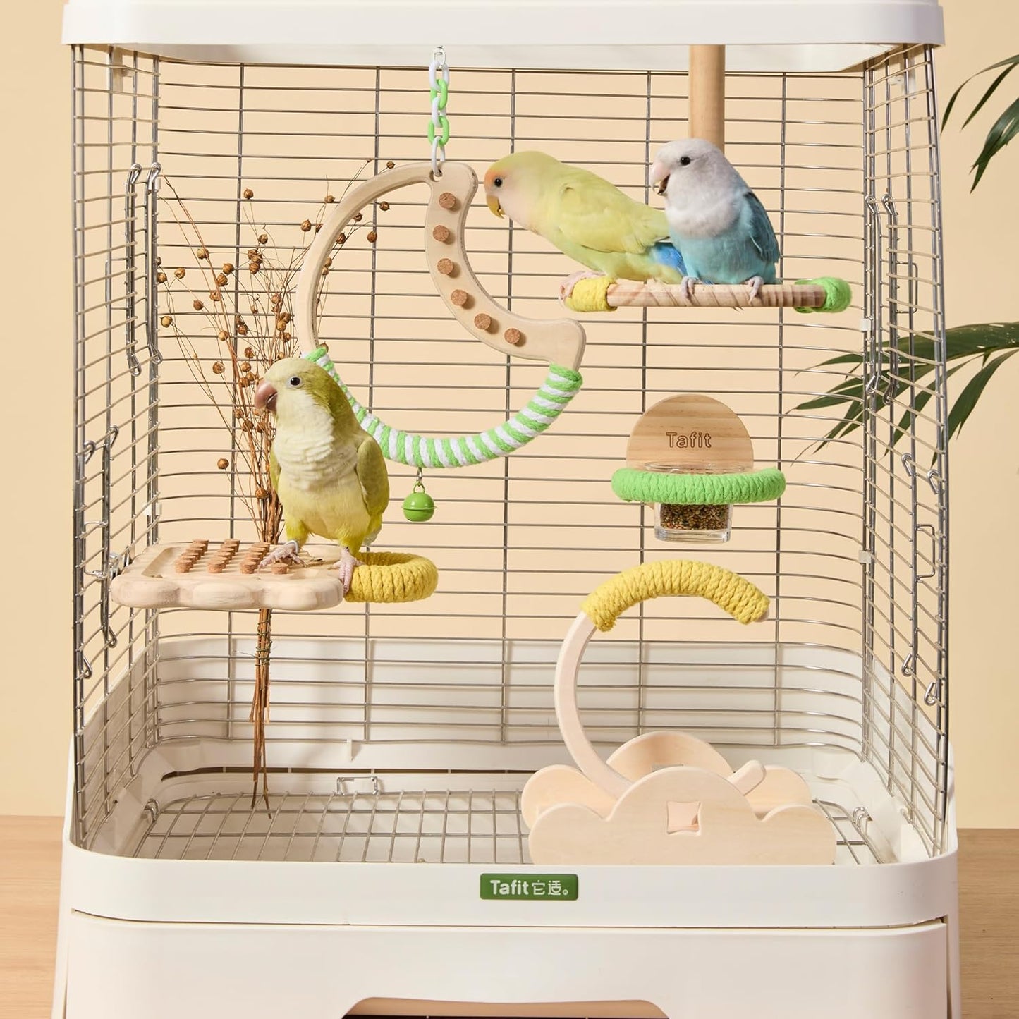Natural Bird Swing - Moon-Shaped Parrot Perch with Bell and Cork Toys, Spinning Wooden Stand for Parakeets, Budgies, Lovebirds and Small/Medium Birds (White + Blue)