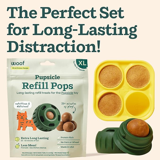 WOOF Starter Pack - Interactive Dog Toys for Boredom - Dog Treat Molds Silicone - Chicken-Flavored Healthy Treats for Dogs - Pupsicle Doggy Enrichment Toy - for XL Pups - 25-75 lbs