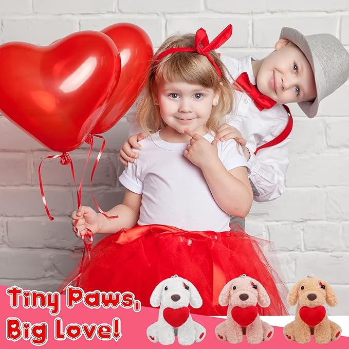 Elcoho 16 Pieces 4 Inches Mini Valentine's Day Plush Dogs Stuffed Puppy Dog with Keychain Cute Stuffed Animal Toy Soft Toys Valentine Party Favor for Goodie Bag Valentine Gifts, 8 Styles