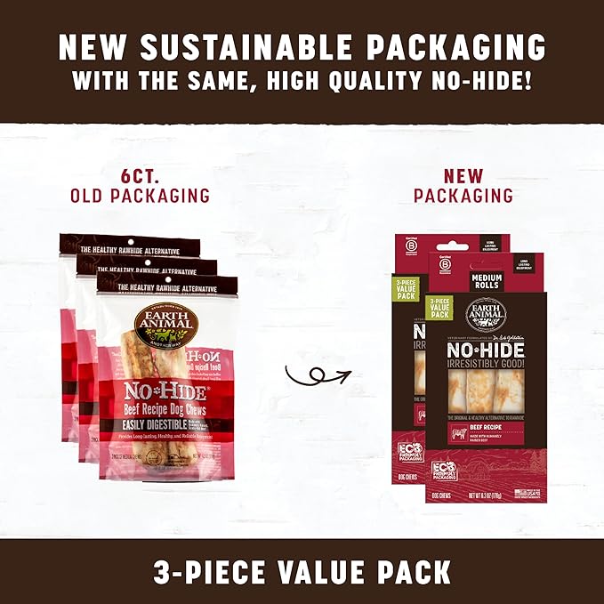 Earth Animal No-Hide Rolls Beef Recipe Medium Natural Rawhide Alternative Dog Chews - 3 Count Value Pack