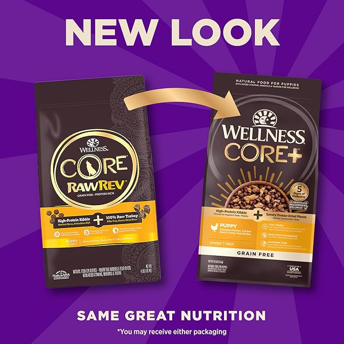Wellness CORE+ Puppy Dry Dog Food with Freeze Dried Pieces, Grain Free, High Protein, Natural, Chicken & Turkey Recipe, (10-Pound Bag)