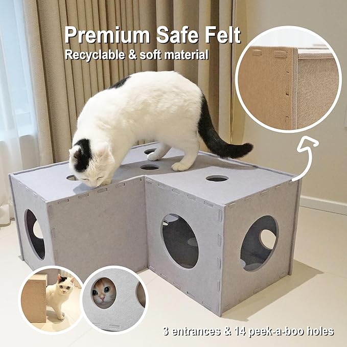Cat Tunnel Hideaway for Indoor Cats - Soft Felt Toy With Interactive Peek Hole, Cave and Cube for Small, Medium, Large Cats