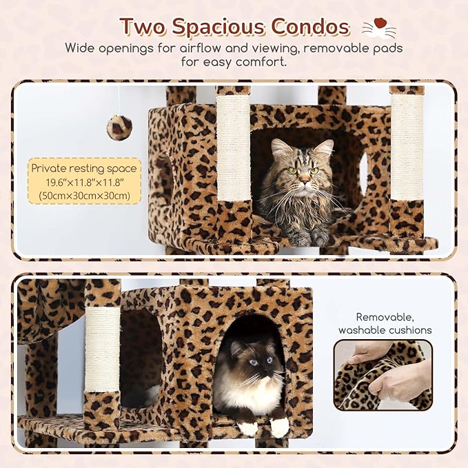 Globlazer Heavy Duty Cat Tree, 74inch Sturdy Cat Tower for Large Cats Adult, Big Cat Tree with 5 Sisal Scratching Posts, 2 Padded Cat Condos, 2 Hanging Baskets, Enlarged Top Perch, S74, Leopard Print