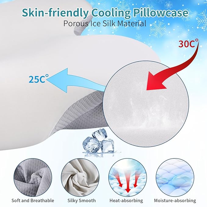 Cervical Neck Pillow for Pain Relief - Contour Memory Foam Pillows with Cooling Pillowcase, Neck Support Pillows for Sleeping, Ergonomic Orthopedic Pillow for Side, Back, Stomach Sleepers