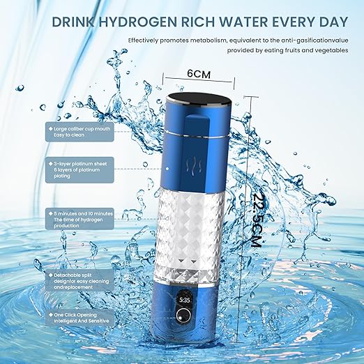 Hydrogen Rich Water Bottle, 5Min Quick Electrolysis，5000ppb Hydrogen Concentration, Rechargeable Portable Hydrogen Water Machine Generator for Home Office 290ML, ALH16B, Blue