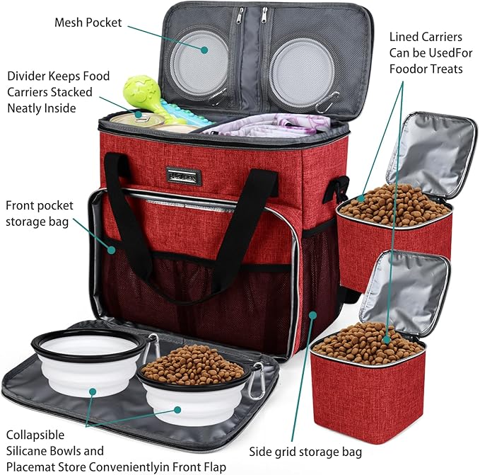 BAGLHER Dog Travel Bag, Pet Travel Bag (ALL Pet Travel Supplies), With 2 Pet Food Containers and 2 Collapsible Silicone Bowls; Essential Kits for Pet Travel Red