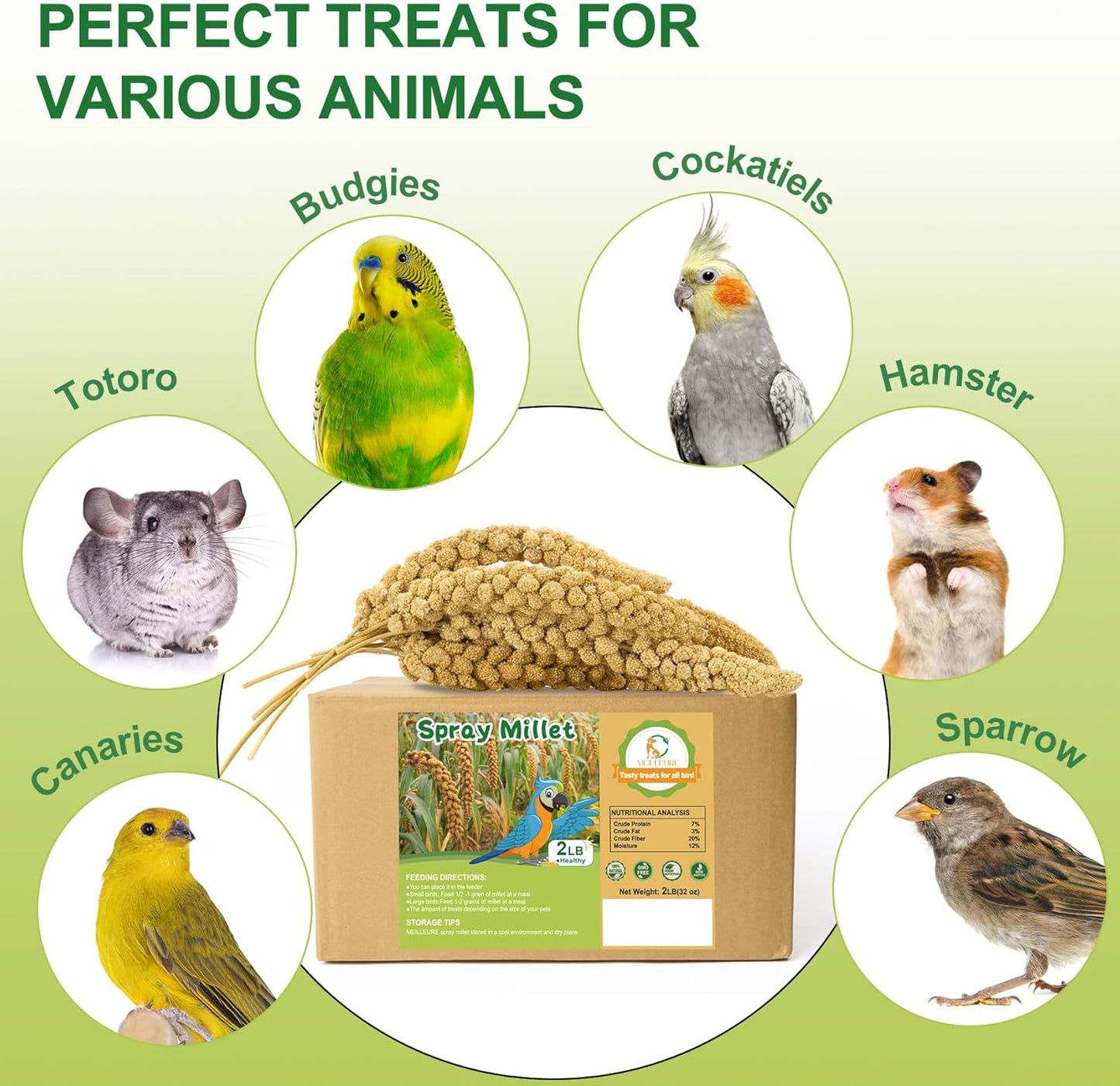 2LB Spray Millet Bird Treat for Parakeets, Natural Sun-Dried Birds Millet Spray for Parrots, Finches, Cockatiel, Budgie & Hamster, Bird Food Bulk