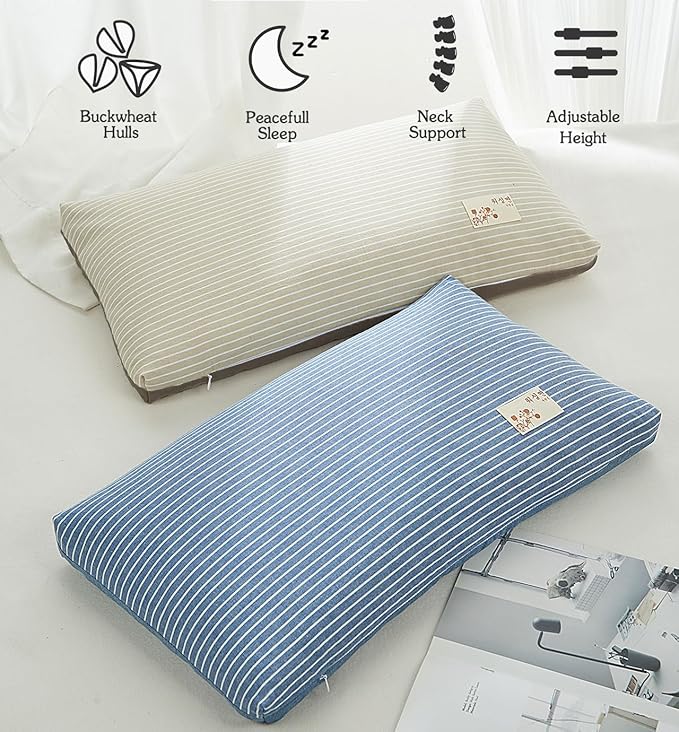 Adjustable Firmness Buckwheat Pillow, Neck Support Buckwheat Pillows for Sleeping with Buckwheat Hulls and Cotton Cover for Back Side Sleepers, as Meditation Cushion, Khaki 20"X12"