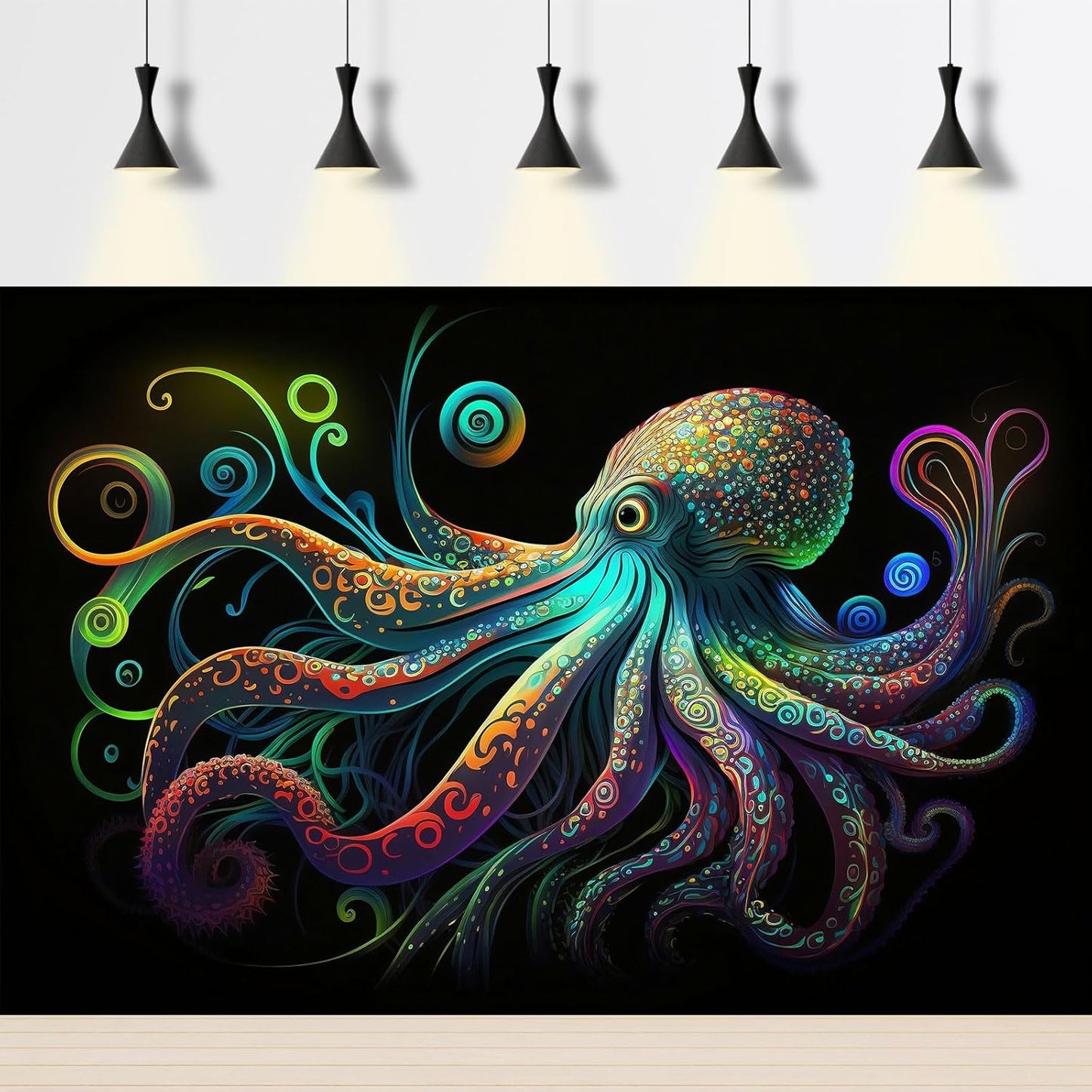 Octopus Aquarium Background Exquisite Colorful Octopus Terrarium Background Glowing Octopus on Black Background Fish Tank Backdrop Octopus Backdrops Poster Wallpaper Decorations Vinyl 24x12in