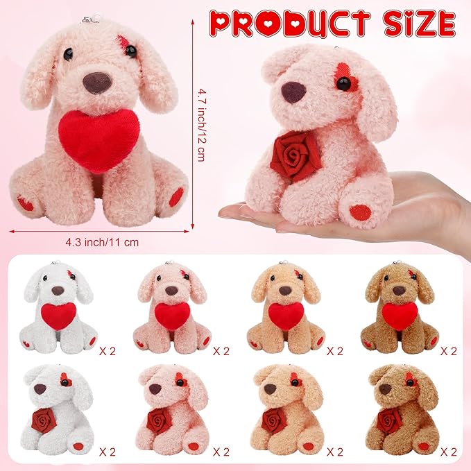 Elcoho 16 Pieces 4 Inches Mini Valentine's Day Plush Dogs Stuffed Puppy Dog with Keychain Cute Stuffed Animal Toy Soft Toys Valentine Party Favor for Goodie Bag Valentine Gifts, 8 Styles