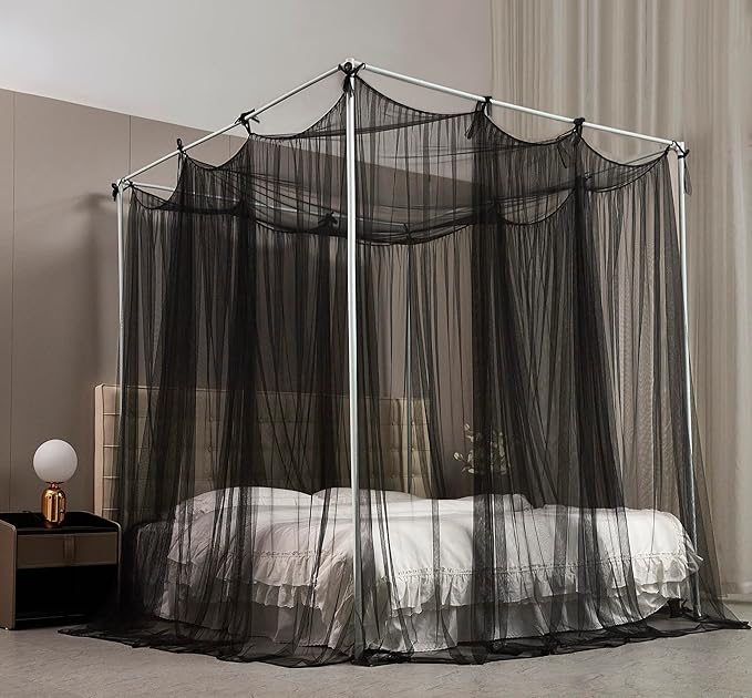 Mengersi Canopy Bed Curtains Bed Canopy with Lights for Girls, Bed Netting Unique Style 4 Door Mosquito Net for Adults Women Bedroom (Black+Lights, Twin/Twin XL)