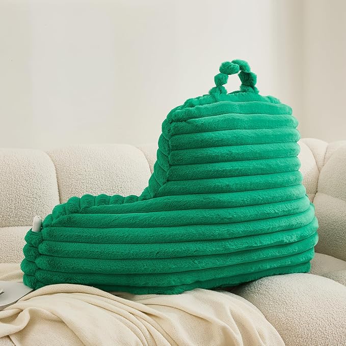 WERDIM Reading Pillow for Sitting in Bed, Faux Fur Back Pillow for Bed Rest, Bed Chair Pillow with Arms and Pockets(Standard, Emerald)